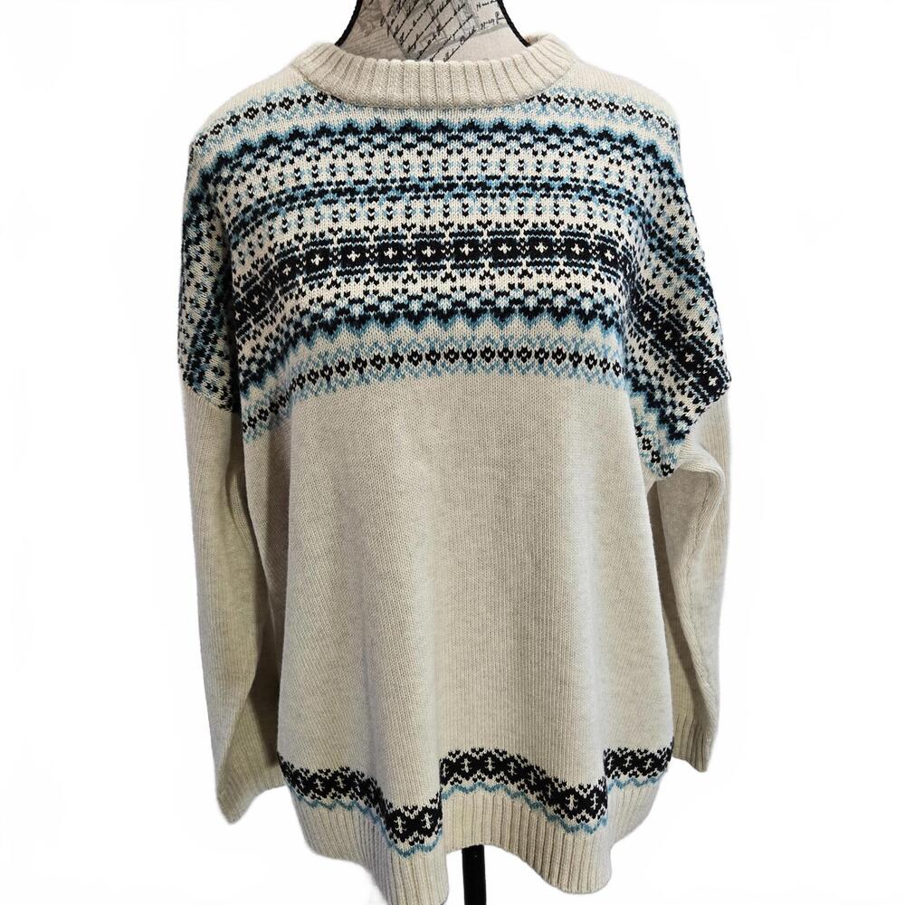 J. Jill Fair Isle Nordic Relaxed Fit Classic Style Cream Teal & Black Sweater